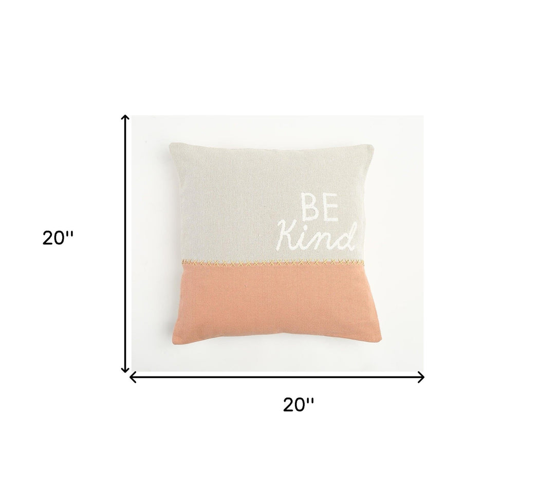 20" Natural and Coral Hand Woven Text Indoor Outdoor Throw Pillow Cover With Embroidery