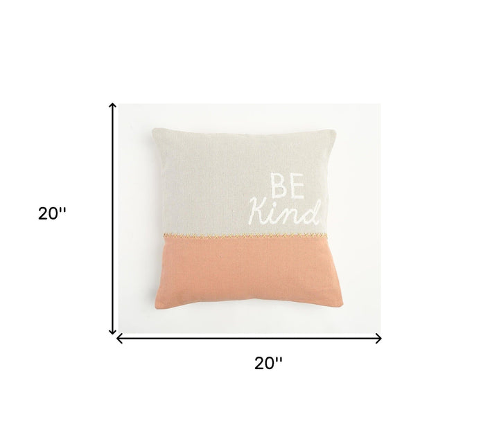 20" Natural and Coral Hand Woven Text Indoor Outdoor Throw Pillow Cover With Embroidery