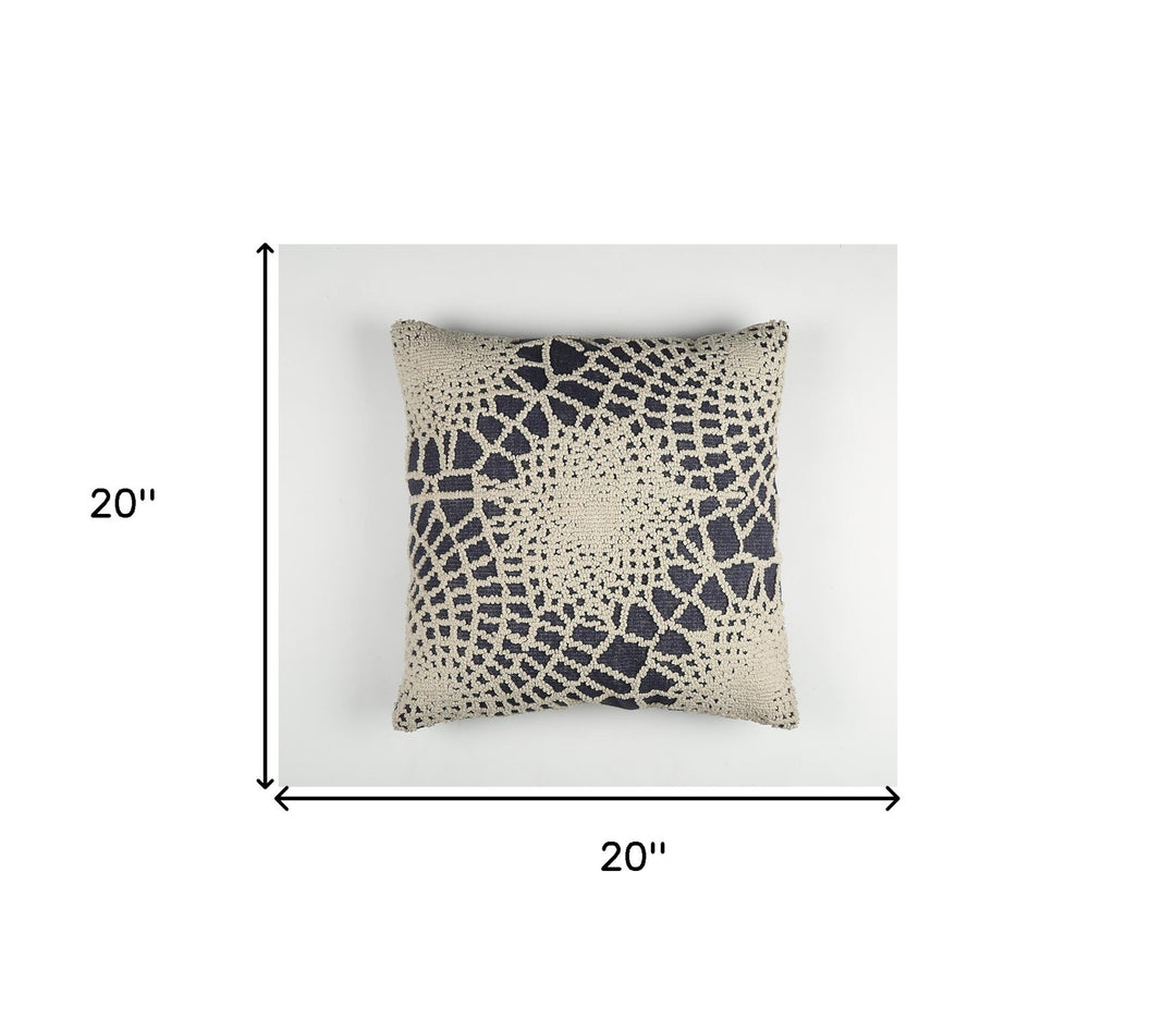 Premium 20" Blue and Ivory Hand Woven Abstract Indoor Outdoor Throw Pillow Cover With Texture - Bohemian Style Weather-Resistant Cotton