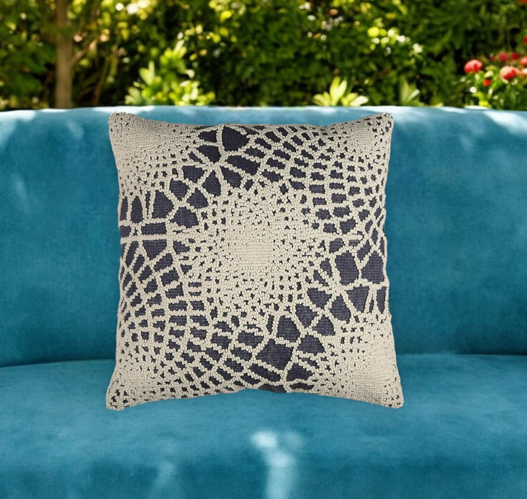 Premium 20" Blue and Ivory Hand Woven Abstract Indoor Outdoor Throw Pillow Cover With Texture - Bohemian Style Weather-Resistant Cotton