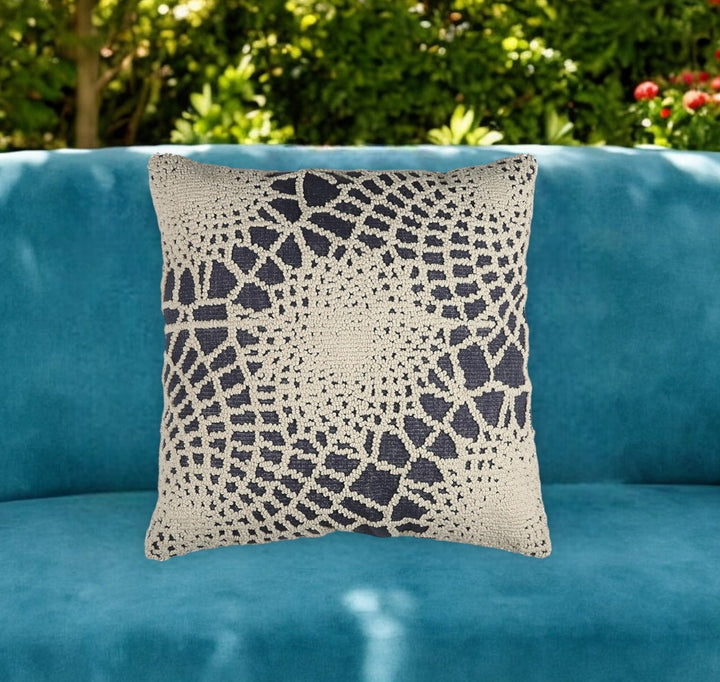 Premium 20" Blue and Ivory Hand Woven Abstract Indoor Outdoor Throw Pillow Cover With Texture - Bohemian Style Weather-Resistant Cotton