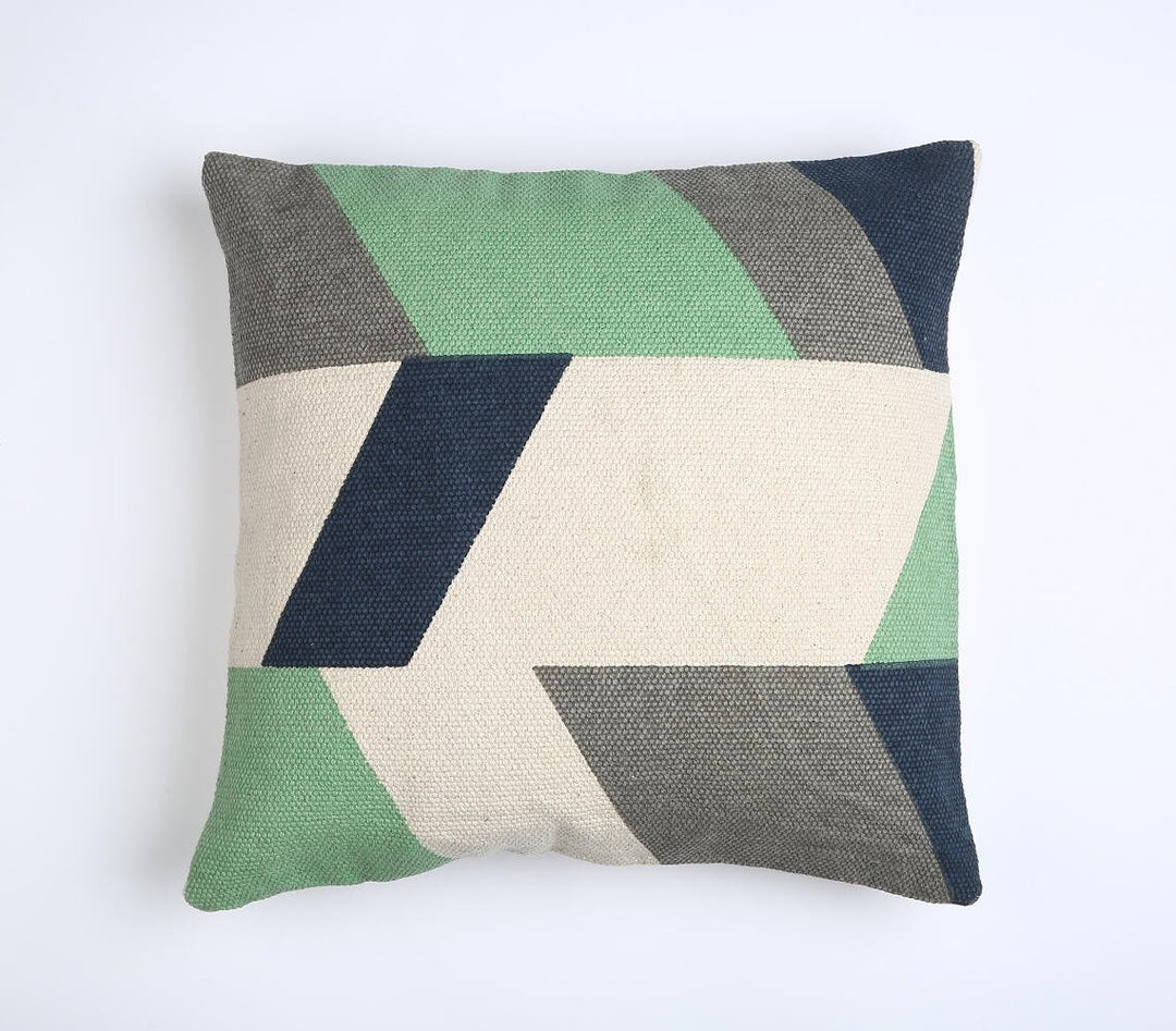 Premium 20" Beige Blue and Green Handmade Geometric Indoor Outdoor Throw Pillow Cover - Contemporary Weather-Resistant Cotton Design