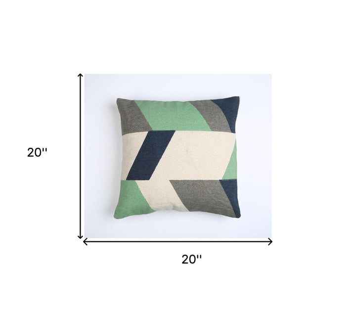 Premium 20" Beige Blue and Green Handmade Geometric Indoor Outdoor Throw Pillow Cover - Contemporary Weather-Resistant Cotton Design