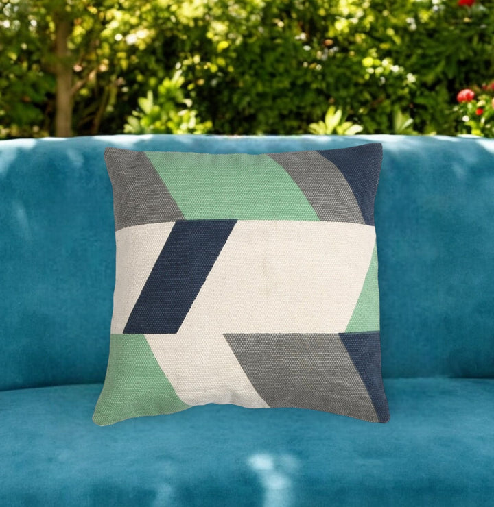 Premium 20" Beige Blue and Green Handmade Geometric Indoor Outdoor Throw Pillow Cover - Contemporary Weather-Resistant Cotton Design