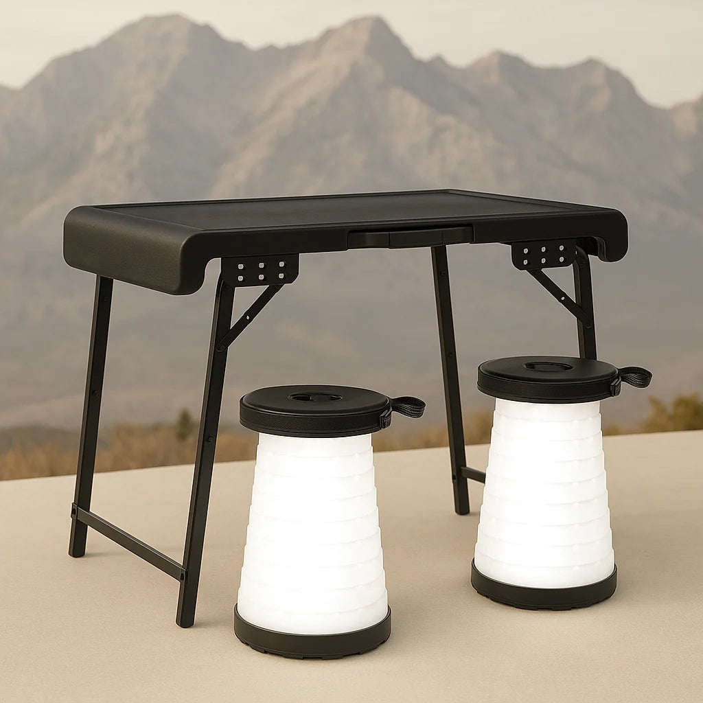 Exclusive 3 Pieces Folding Camping Table Stool Set with 2 Retractable LED Stools - Premium Outdoor Adventure Collection