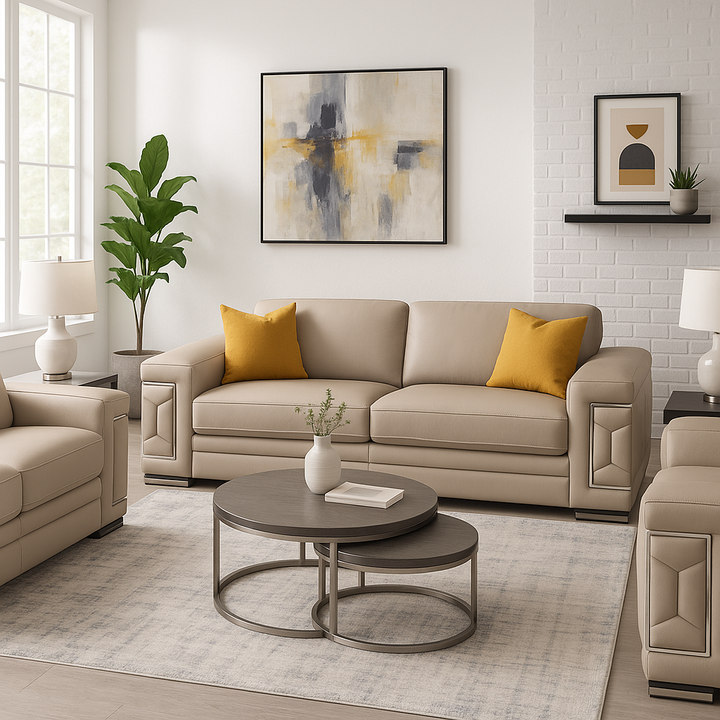 Luxury Beige Italian Leather Living Room Set - 3-Piece Coil Spring Sofa with Wood Frame
