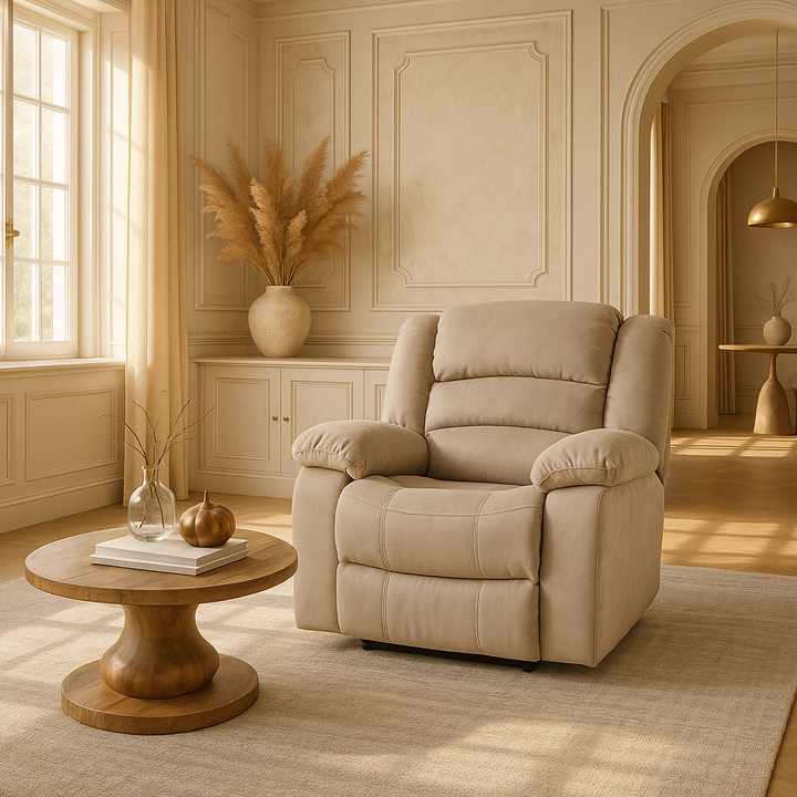 Premium Beige Fabric Recliner Chair - Modern 40"" Manual Reclining Furniture with Solid Wood Frame Construction