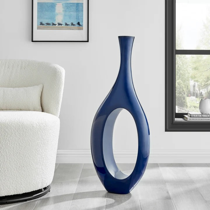 Premium Trombone Vase Large in Navy Blue - Contemporary Resin Floor Sculpture with Glossy Finish