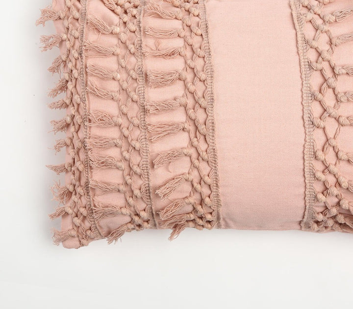 Pastel Pink Handmade Boho Lumbar Pillow Cover with Tassels
