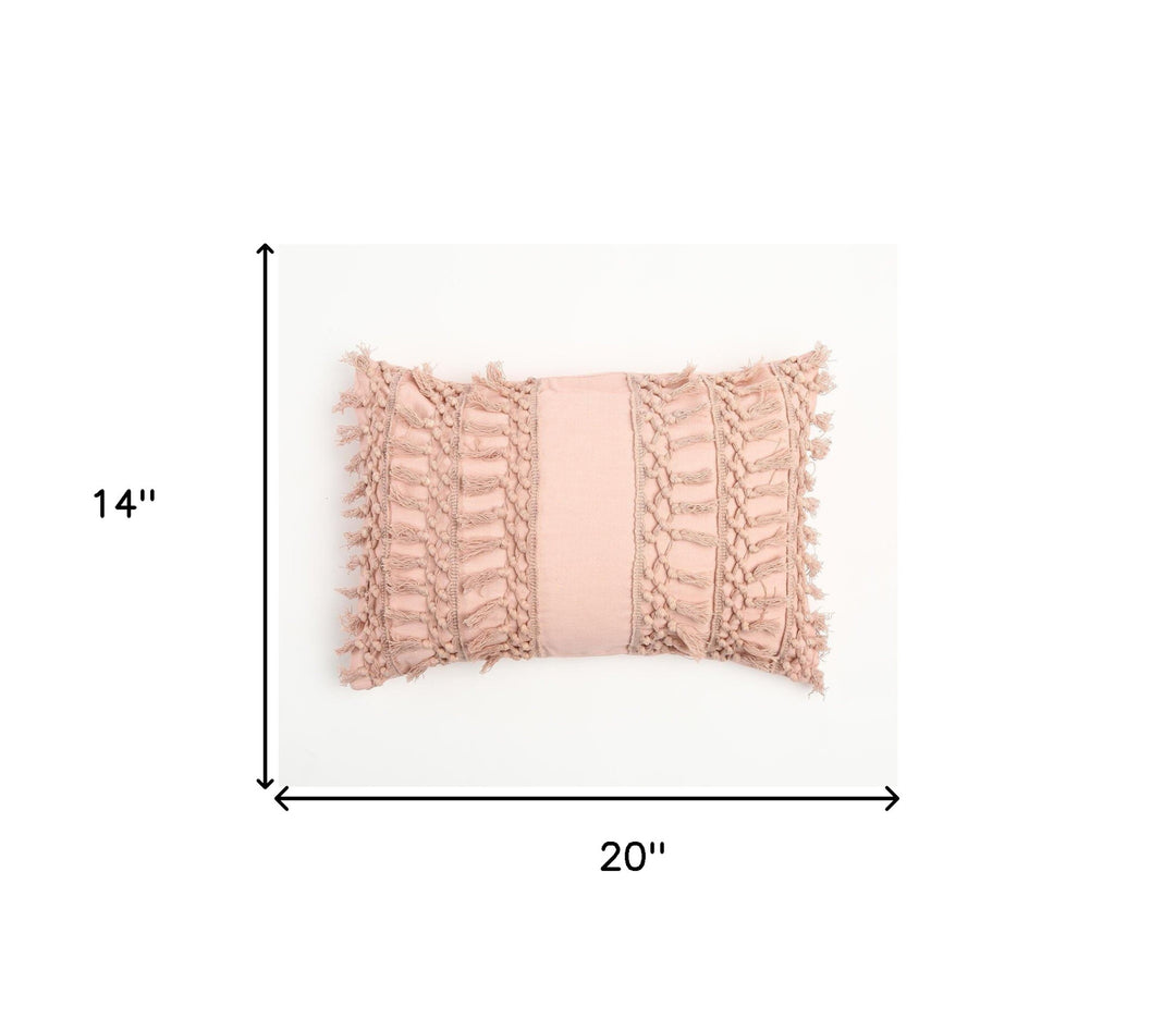 Pastel Pink Handmade Boho Lumbar Pillow Cover with Tassels