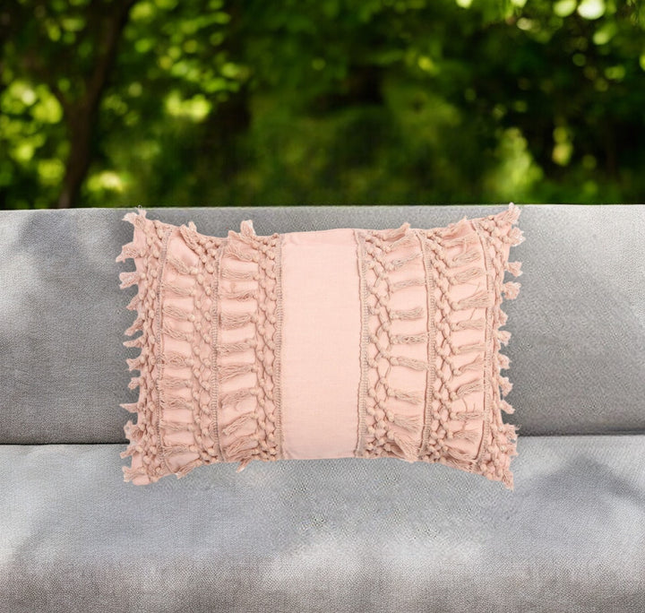 Pastel Pink Handmade Boho Lumbar Pillow Cover with Tassels