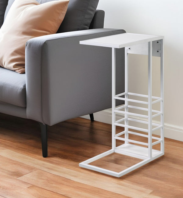 26" White Metal C Table End Table With Magazine Holder And USB Port