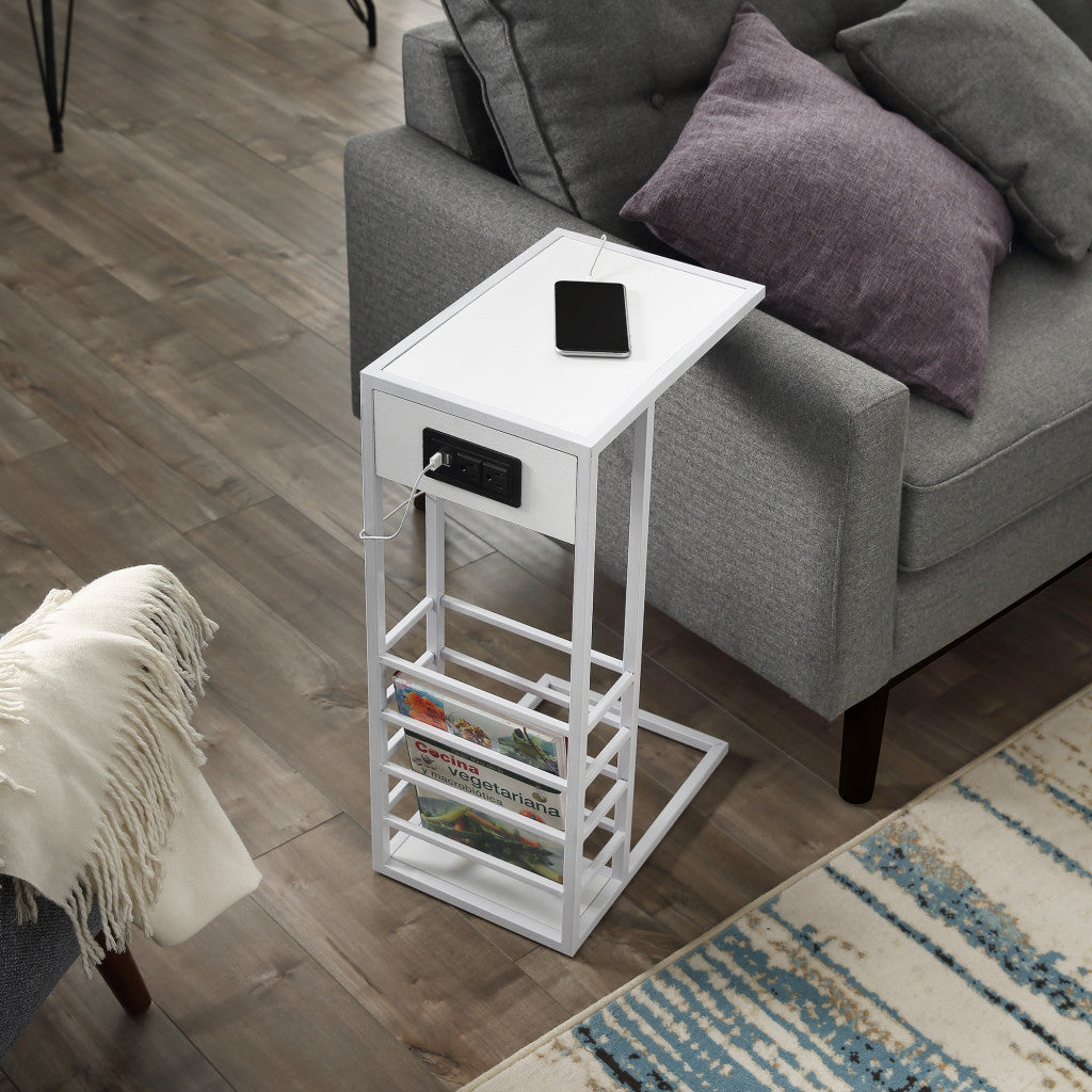 26" White Metal C Table End Table With Magazine Holder And USB Port