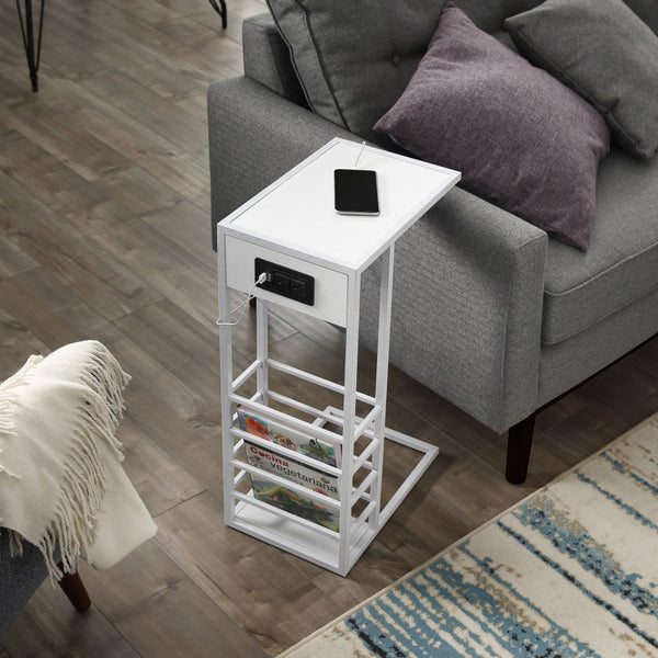 26" White Metal C Table End Table With Magazine Holder And USB Port