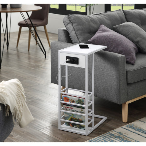 26" White Metal C Table End Table With Magazine Holder And USB Port