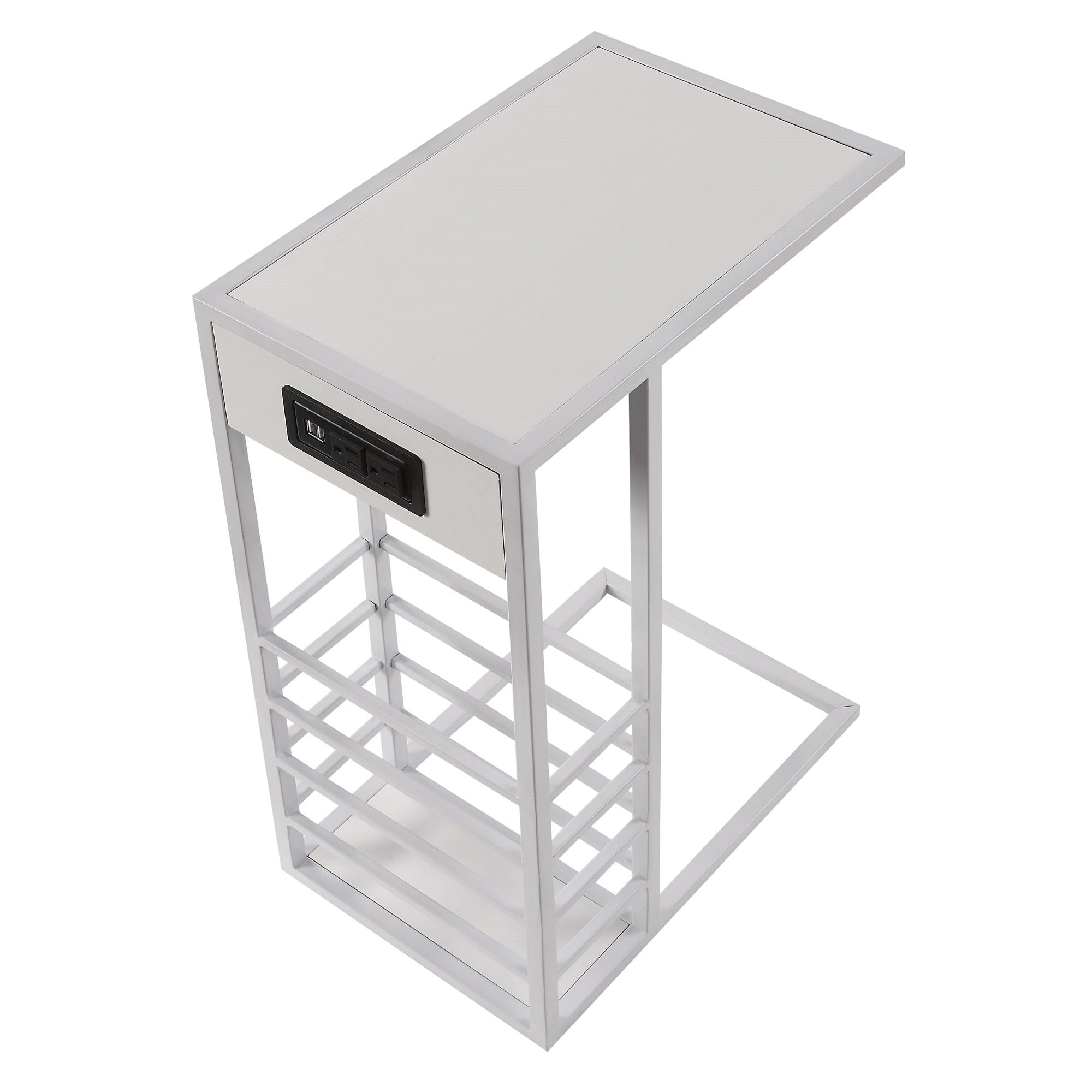26" White Metal C Table End Table With Magazine Holder And USB Port