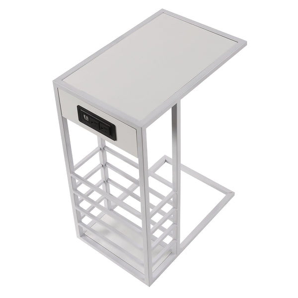 26" White Metal C Table End Table With Magazine Holder And USB Port
