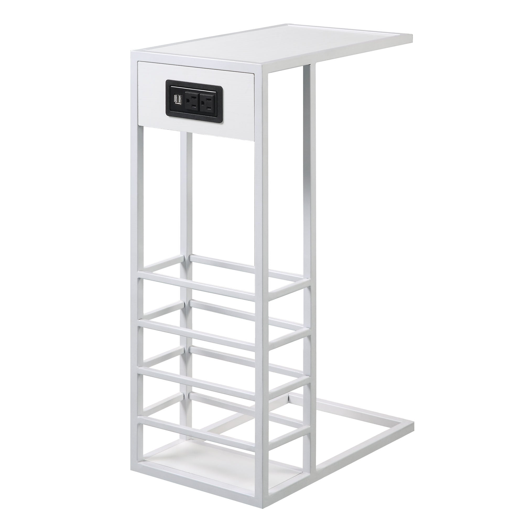 26" White Metal C Table End Table With Magazine Holder And USB Port