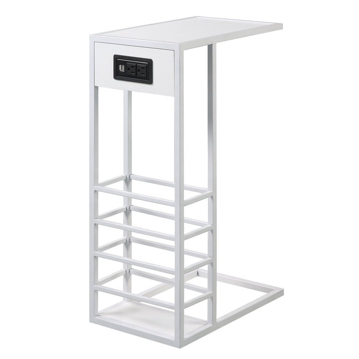 26" White Metal C Table End Table With Magazine Holder And USB Port