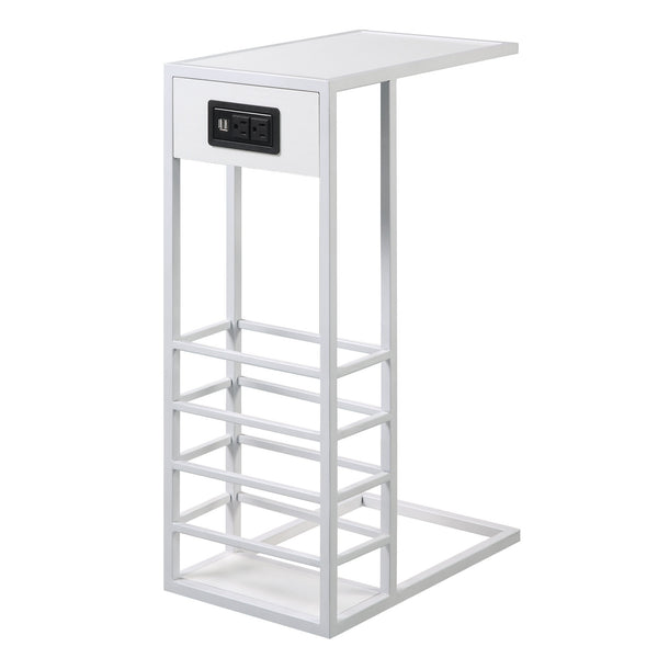 26" White Metal C Table End Table With Magazine Holder And USB Port