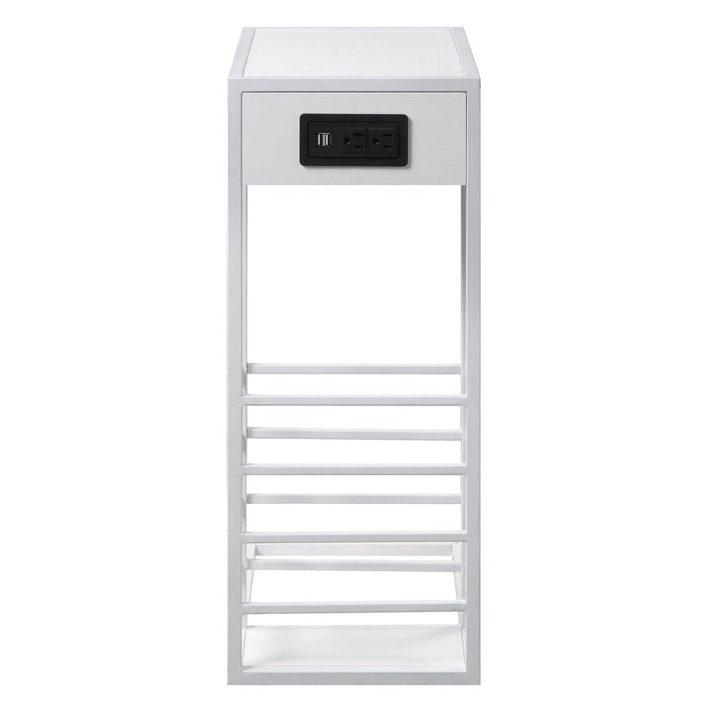 26" White Metal C Table End Table With Magazine Holder And USB Port