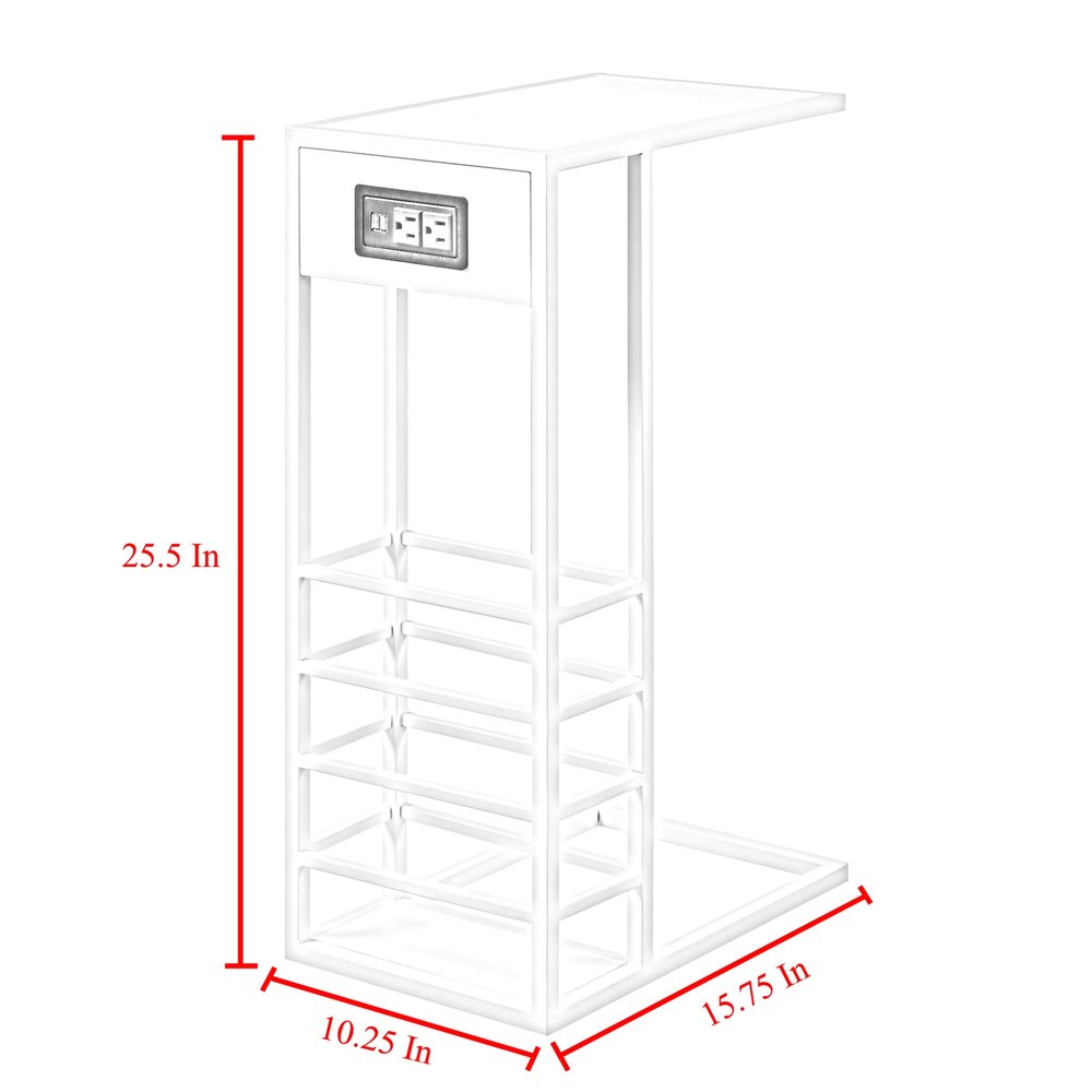 26" White Metal C Table End Table With Magazine Holder And USB Port