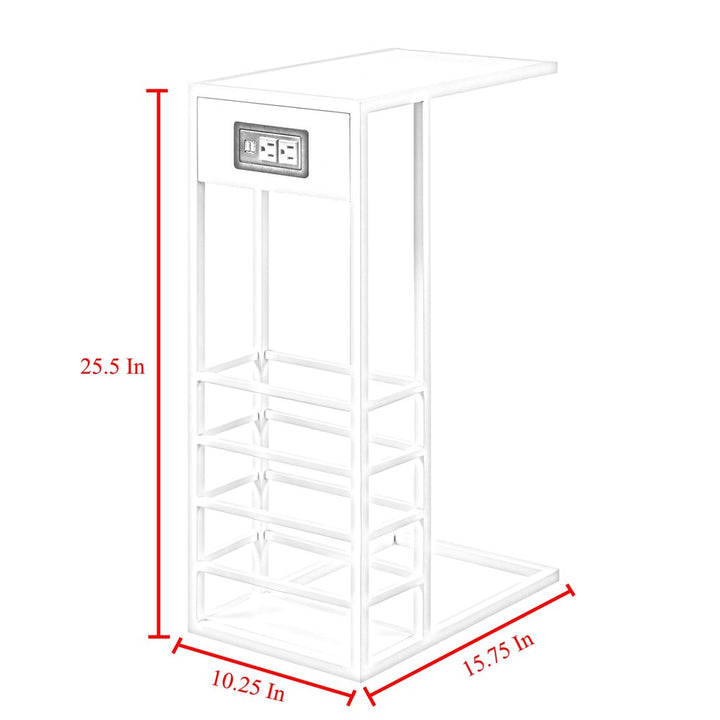 26" White Metal C Table End Table With Magazine Holder And USB Port