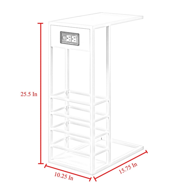 26" White Metal C Table End Table With Magazine Holder And USB Port