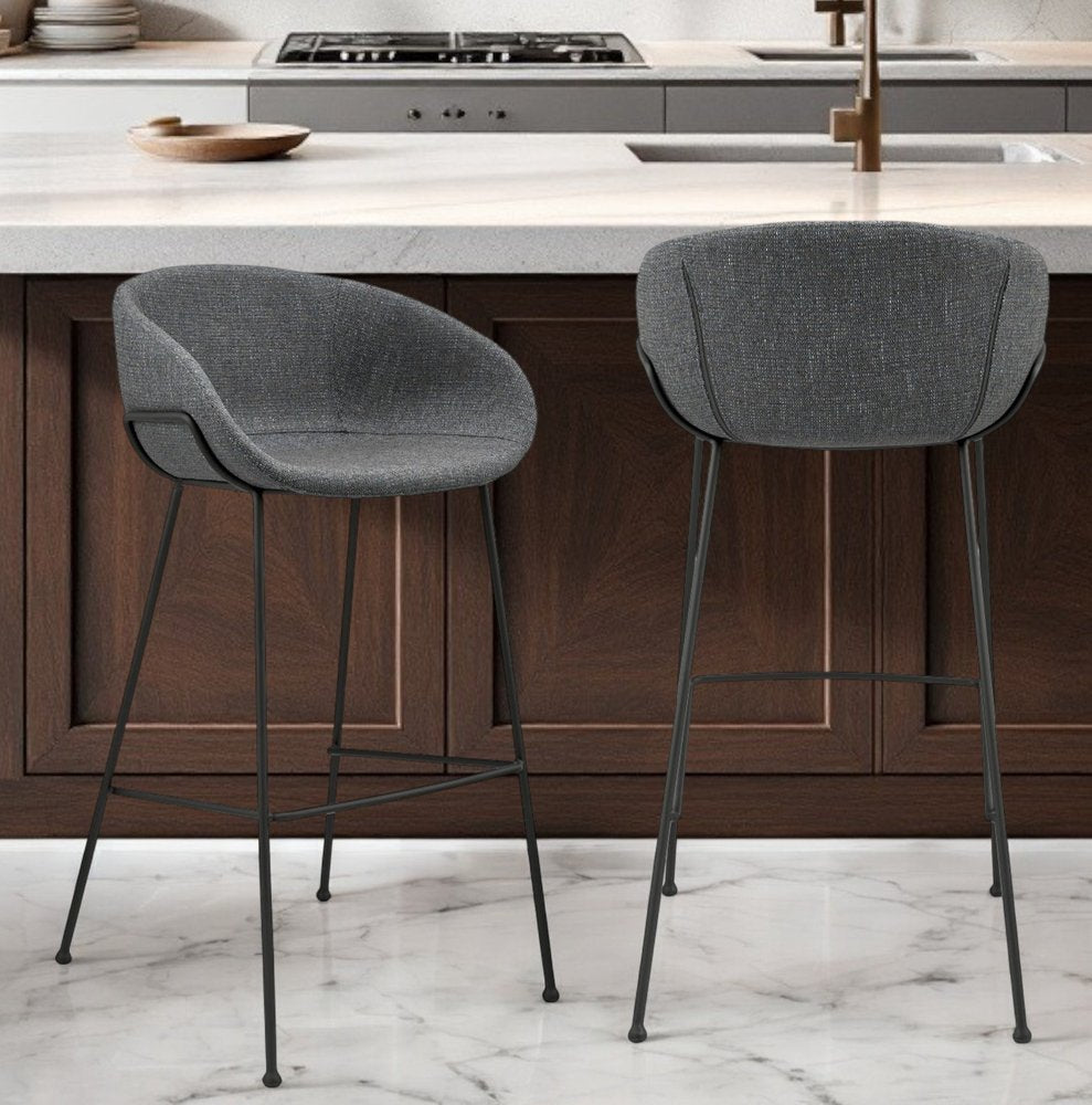 Metro Contemporary Bar Chair Set - Gray Fabric & Black Steel Frame (Set of 2