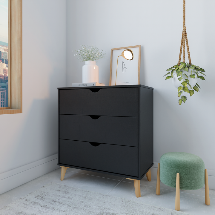 NEW 30" Black And Natural Wood Three Drawer Dresser
