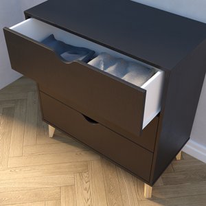 30" Black And Natural Wood Three Drawer Dresser