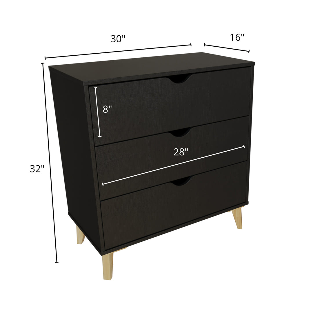 30" Black And Natural Wood Three Drawer Dresser