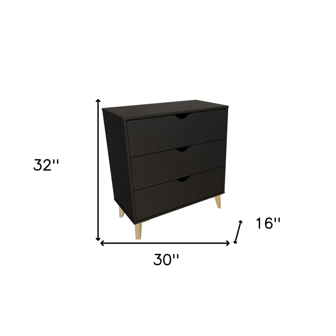 30" Black And Natural Wood Three Drawer Dresser