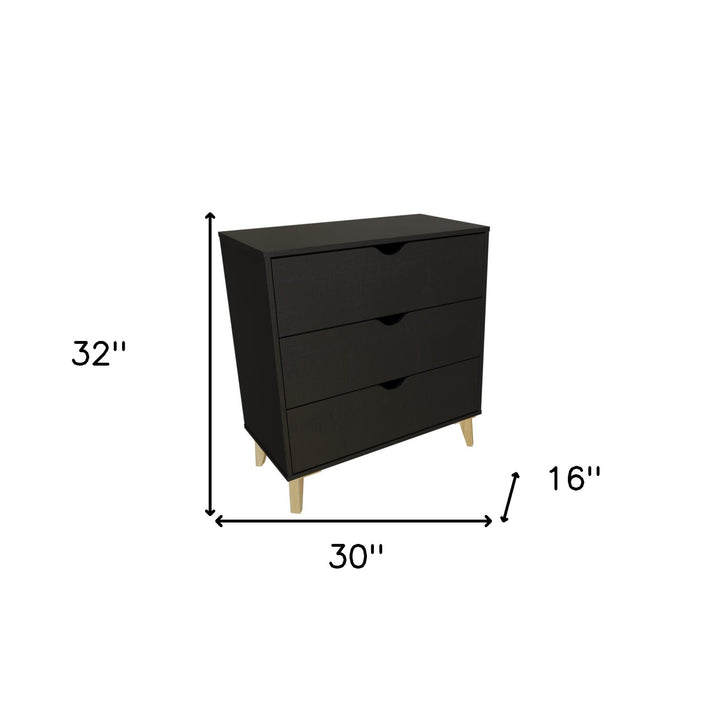 30" Black And Natural Wood Three Drawer Dresser
