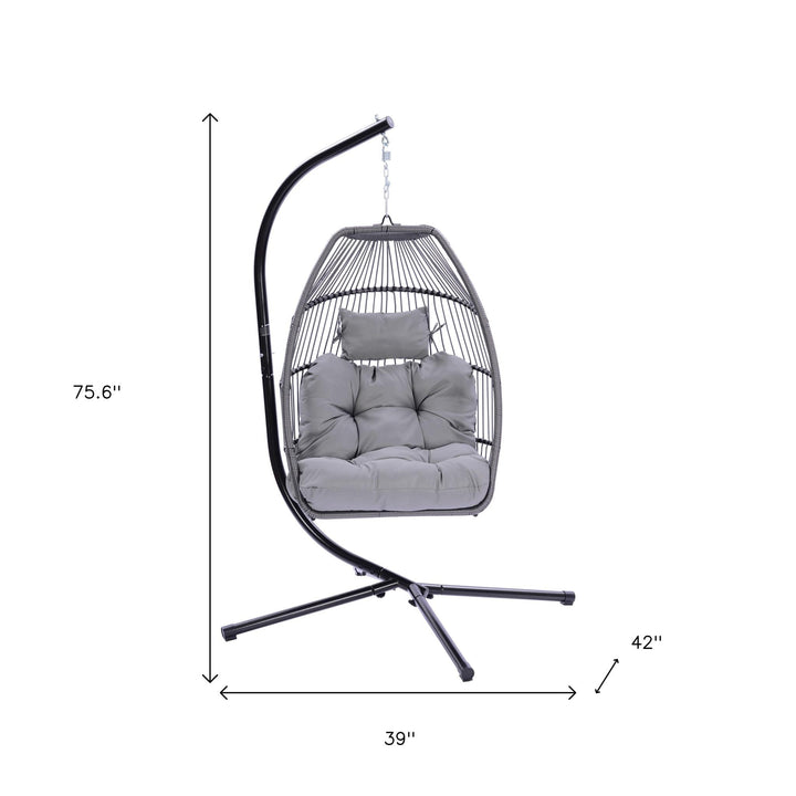 Folding Hanging Egg Chair Gray - Outdoor Wicker Swing with Steel Stand, Comfort Cushion & Space-Saving Design
