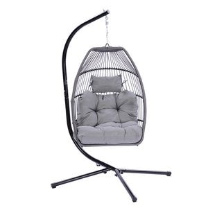 Folding Hanging Egg Chair Gray - Outdoor Wicker Swing with Steel Stand, Comfort Cushion & Space-Saving Design