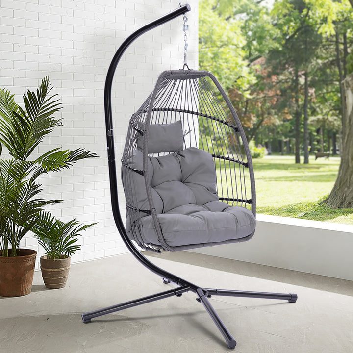Folding Hanging Egg Chair Gray - Outdoor Wicker Swing with Steel Stand, Comfort Cushion & Space-Saving Design