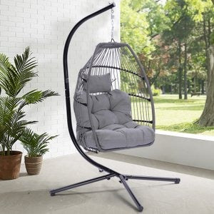 Folding Hanging Egg Chair Gray - Outdoor Wicker Swing with Steel Stand, Comfort Cushion & Space-Saving Design