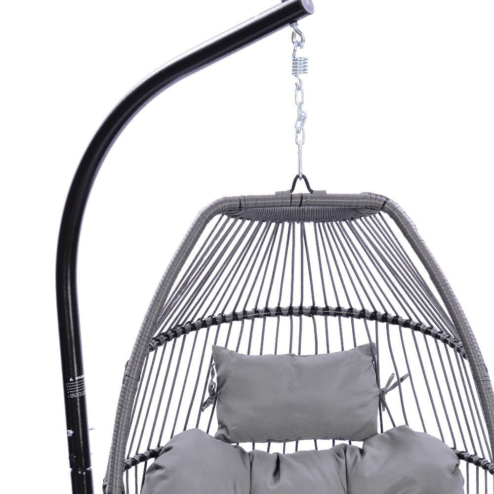 Folding Hanging Egg Chair Gray - Outdoor Wicker Swing with Steel Stand, Comfort Cushion & Space-Saving Design