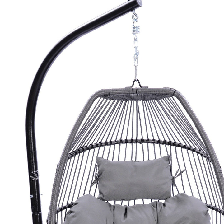 Folding Hanging Egg Chair Gray - Outdoor Wicker Swing with Steel Stand, Comfort Cushion & Space-Saving Design