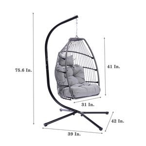 Folding Hanging Egg Chair Gray - Outdoor Wicker Swing with Steel Stand, Comfort Cushion & Space-Saving Design