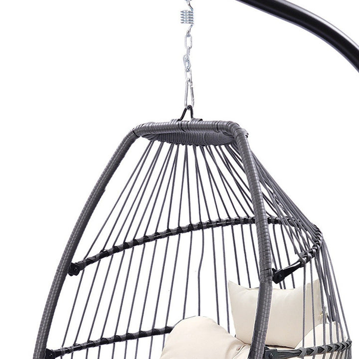 Outdoor Patio Wicker Folding Swing Hammock Egg Chair With Cushion And Pillow, Beige - 330lb Capacity Single Hanging Chair with Steel Stand for Indoor/Outdoor Relaxation