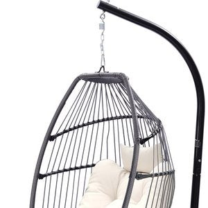 Outdoor Patio Wicker Folding Swing Hammock Egg Chair With Cushion And Pillow, Beige - 330lb Capacity Single Hanging Chair with Steel Stand for Indoor/Outdoor Relaxation