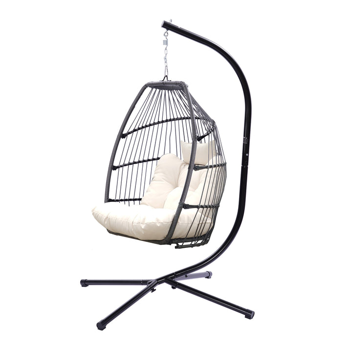 Outdoor Patio Wicker Folding Swing Hammock Egg Chair With Cushion And Pillow, Beige - 330lb Capacity Single Hanging Chair with Steel Stand for Indoor/Outdoor Relaxation