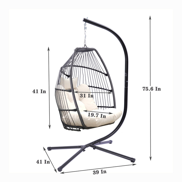 Outdoor Patio Wicker Folding Swing Hammock Egg Chair With Cushion And Pillow, Beige - 330lb Capacity Single Hanging Chair with Steel Stand for Indoor/Outdoor Relaxation