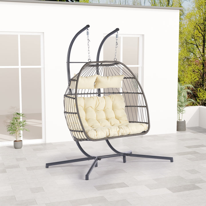 Outdoor Hanging Egg Chair Beige - 2 Person Wicker Patio Swing with Stand, Comfort Cushions & All-Weather Durability