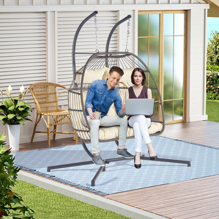 Outdoor Hanging Egg Chair Beige - 2 Person Wicker Patio Swing with Stand, Comfort Cushions & All-Weather Durability