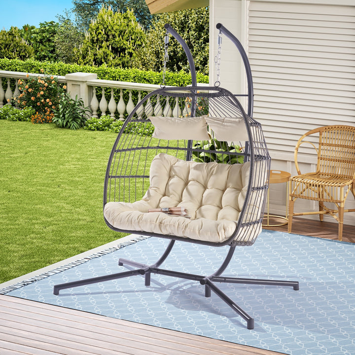 Outdoor Hanging Egg Chair Beige - 2 Person Wicker Patio Swing with Stand, Comfort Cushions & All-Weather Durability