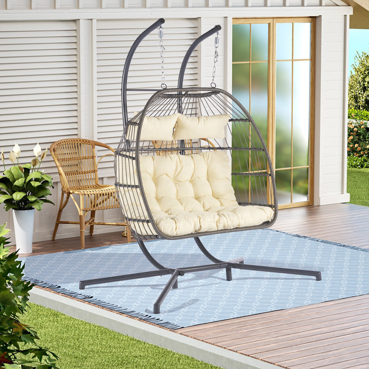 Outdoor Hanging Egg Chair Beige - 2 Person Wicker Patio Swing with Stand, Comfort Cushions & All-Weather Durability