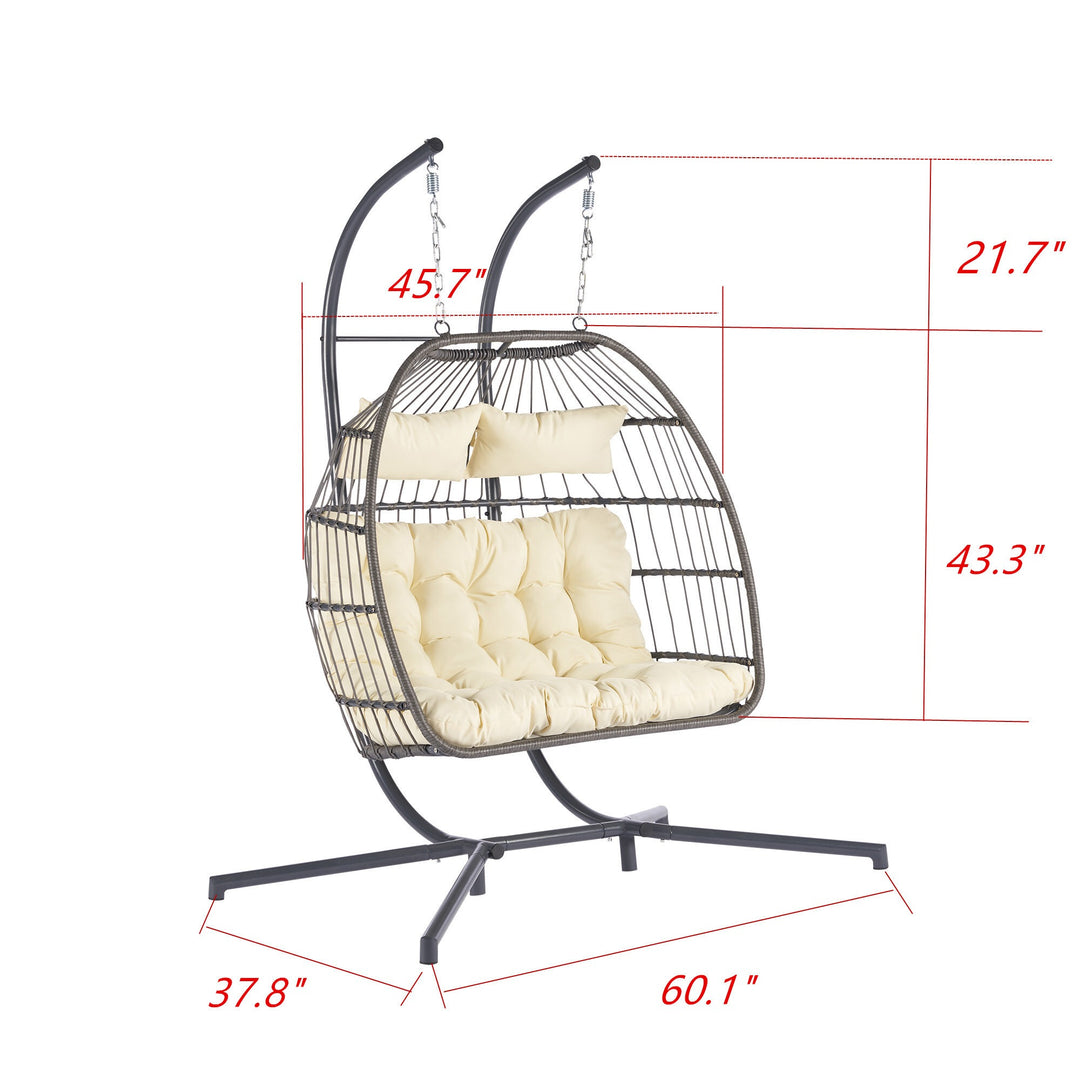 Outdoor Hanging Egg Chair Beige - 2 Person Wicker Patio Swing with Stand, Comfort Cushions & All-Weather Durability